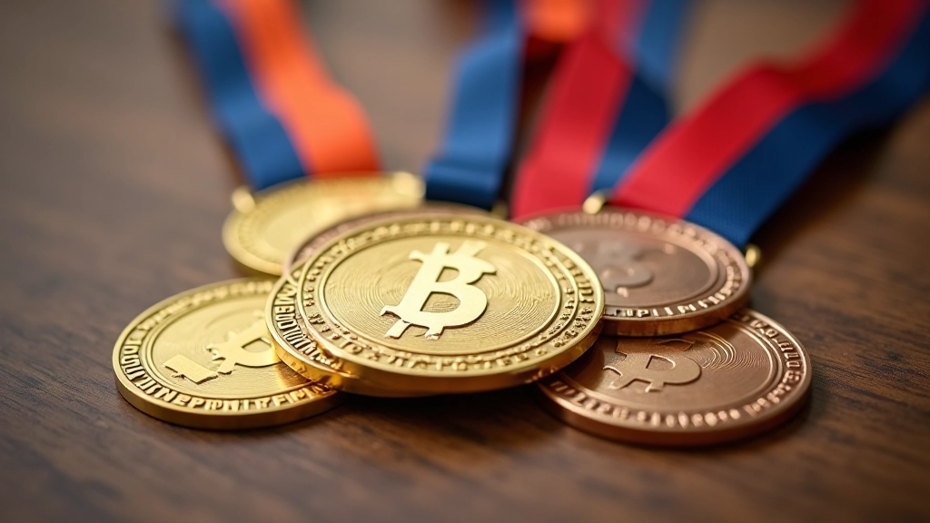 Niz medalja i trofeja predstavljajući dostignuća i nagrade